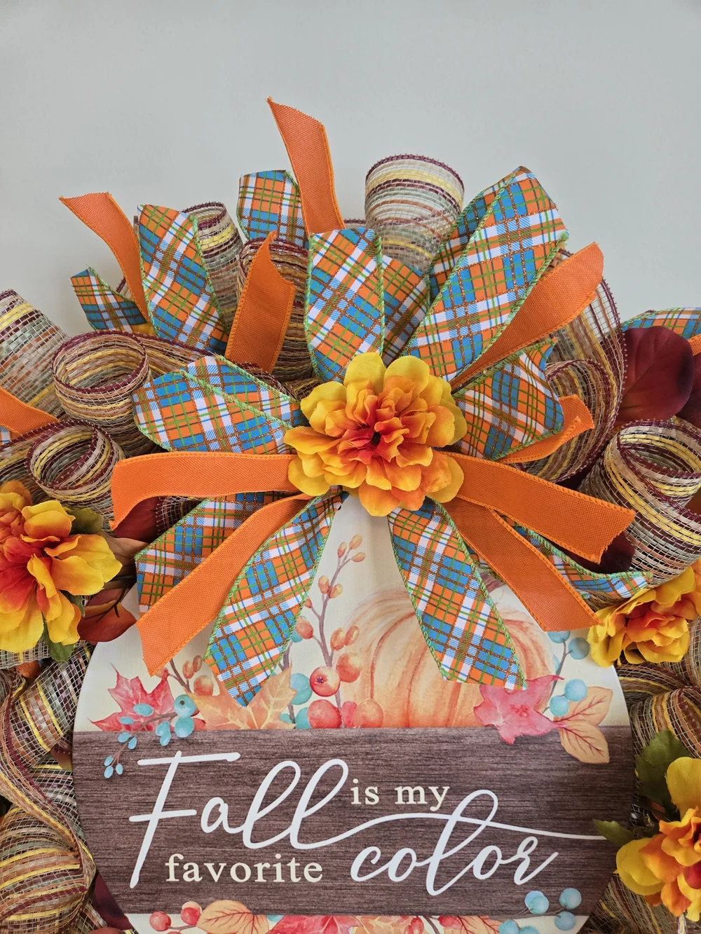 Autumn Plaid Fall Wreath with Orange & Yellow Accents